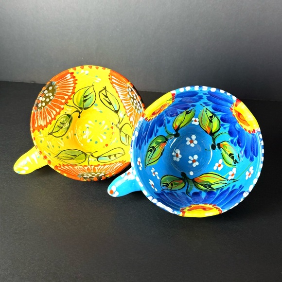 Set of 2 Hand Painted Mexican Clay Mugs Floral Folk Art Pottery Colorful Signed - Picture 11 of 14